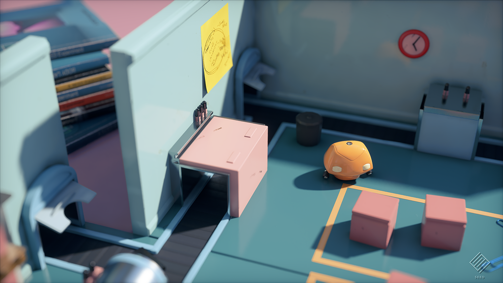 Real-time screenshot of the Pica Pica project, a small orange robot in a pastel-coloured toy environment.