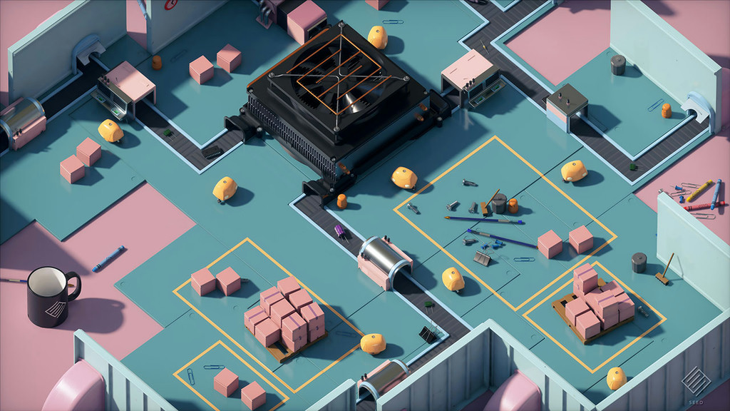 Real-time screenshot of the Pica Pica project, isometric view of many small orange robots in a pastel-coloured toy environment with a big CPU fan and heatsink in the centre.