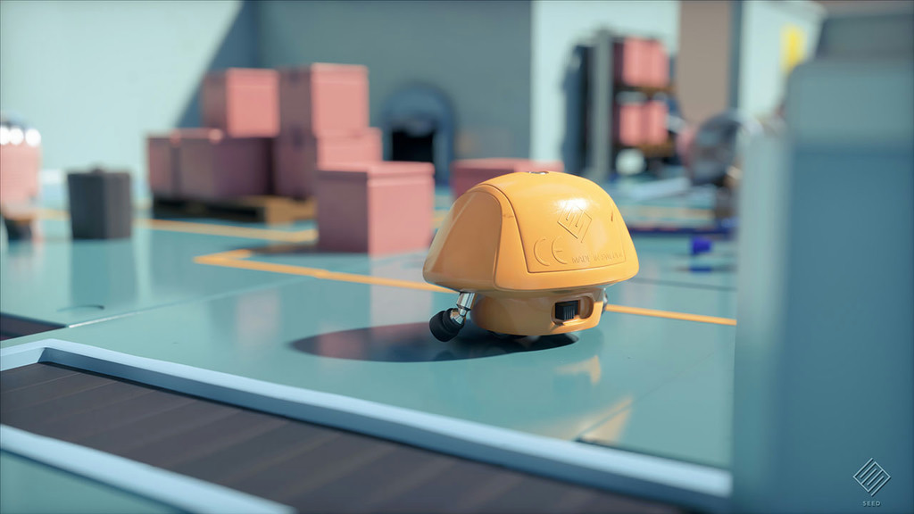 Real-time screenshot of the Pica Pica project, rear view of a small orange robot in a pastel-coloured toy environment with intense depth-of-field visual effects.